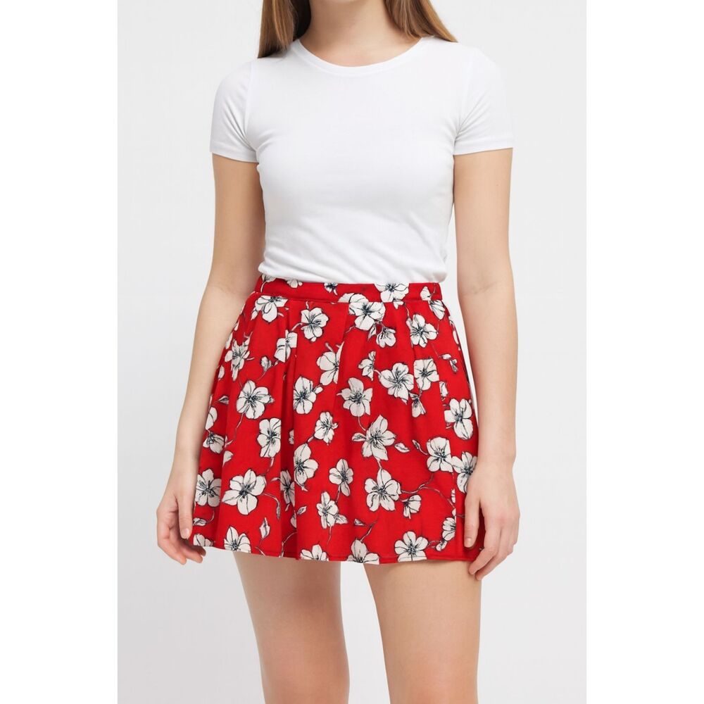 Forever 21 Pleated Circle Skirt Hibiscus Print Red Flawed 25